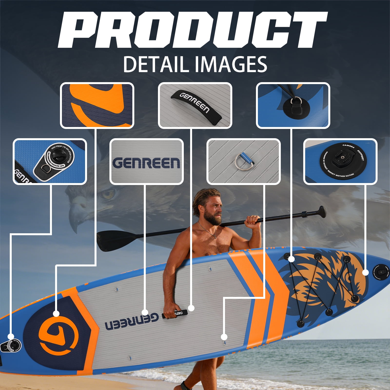 Genreen 11ft Stylish Inflatable Stand Up Paddle Board (SUP), Fishing Paddle Board with All Accessories for All Skill Levels