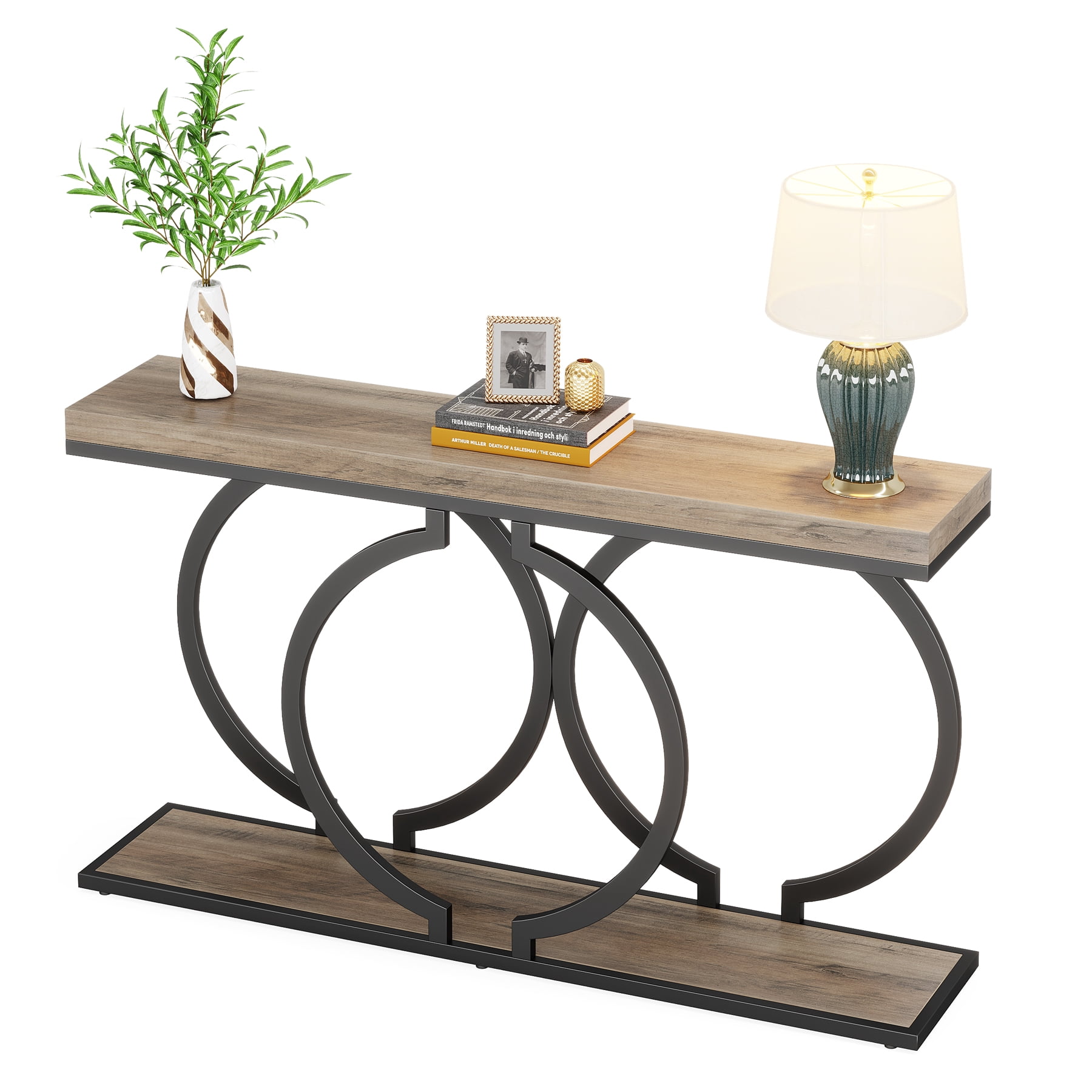 Fnova 55" Console Table, Modern Entryway Table with Geometric Metal Frame, Faux Marble Narrow Long Sofa Table for Living Room, Entrance, Hallway