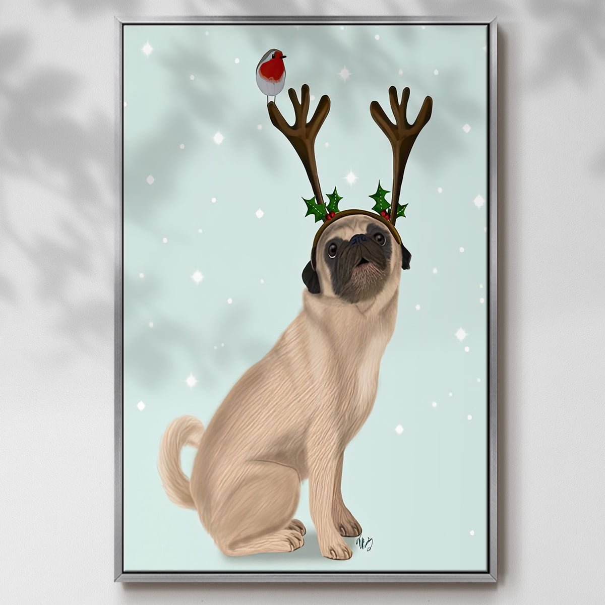 Christmas Pug with Antlers and Robin - Framed Gallery Wrapped Holiday Canvas - 17 x 25 - Silver Frame