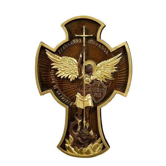 Archangel Michael Cross Solid Wood Carving Gift Wall Hanging Decoration Christian Patron Saint Michael Statue