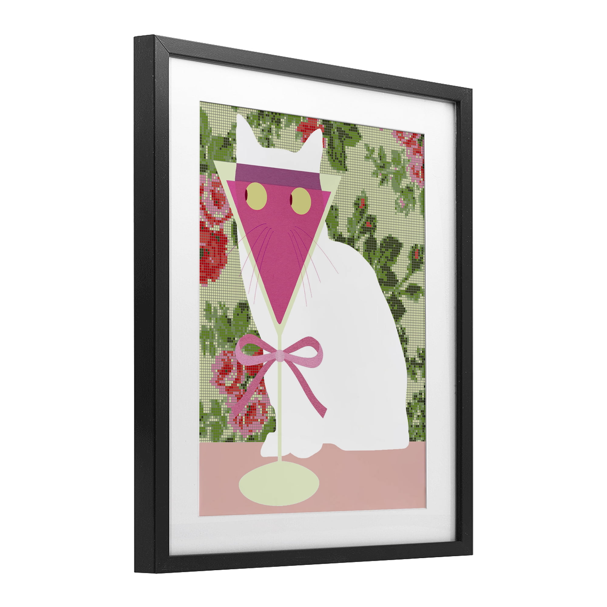 Stupell Industries White Cat with Pink Martini Black Framed Print Under Glass, design by Lil' Rue