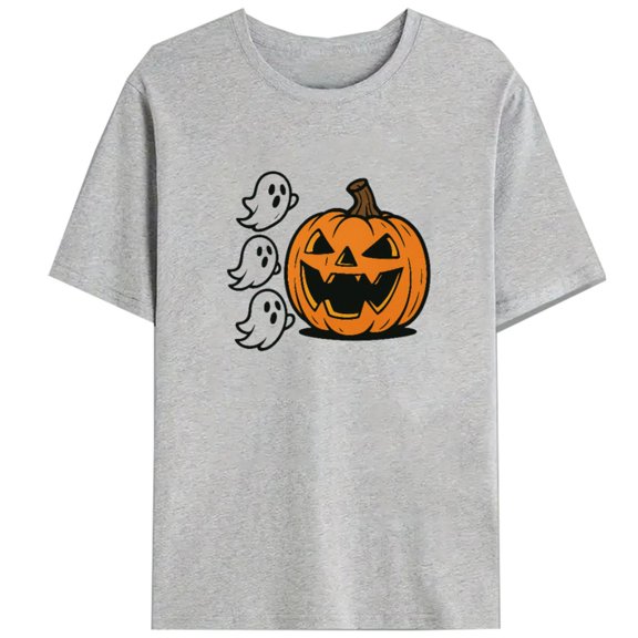 Cotton casual Womens Halloween Pumpkin Graphic Cute Tee T-shirt Top Floral Short Sleeve Round Neck Gray S-3XL