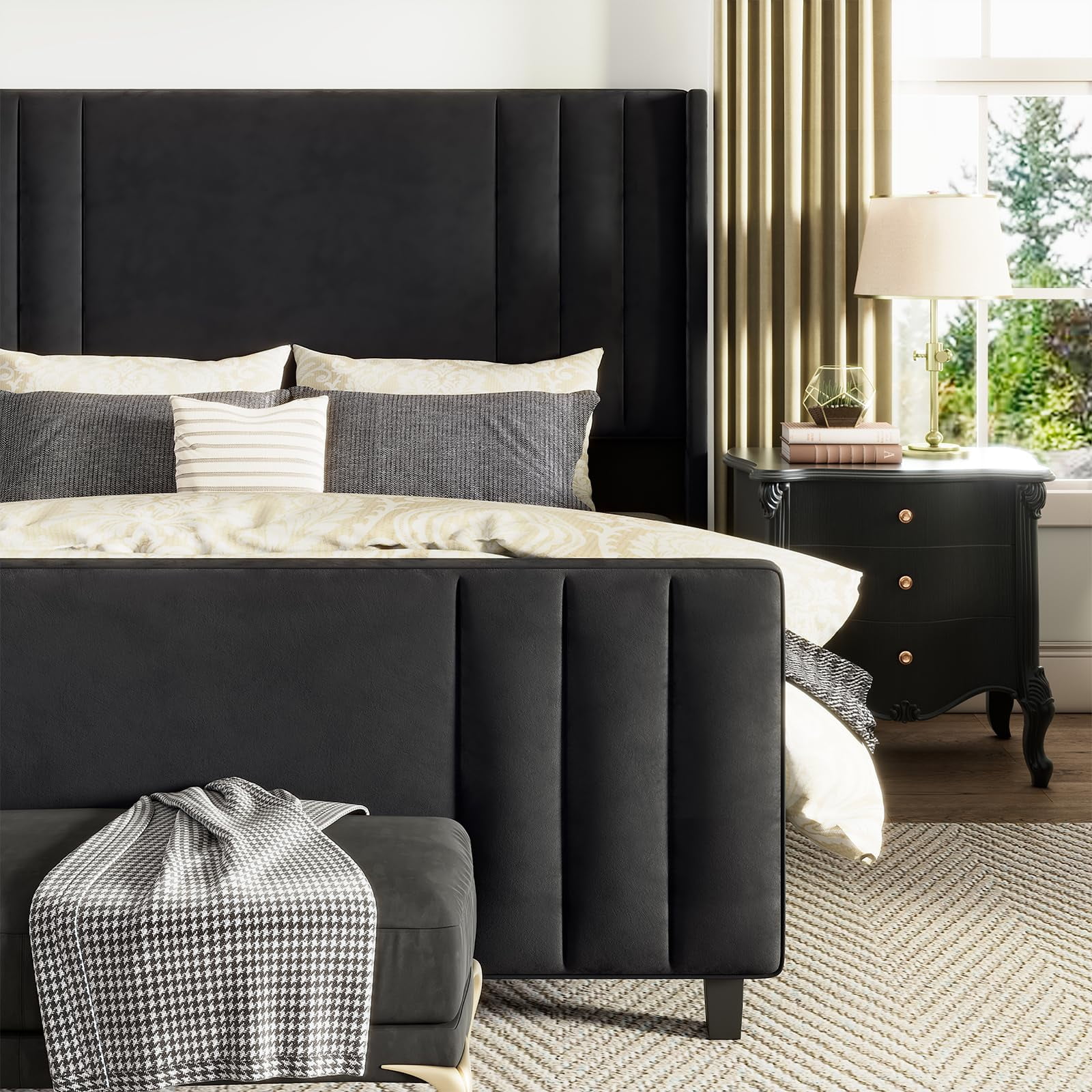 Amerlife Queen Size Bed Frame with Velvet Upholstery, Tufted Headboard and Footboard, Black