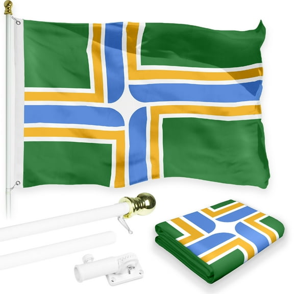 G128 Combo Pack: 6 Feet Tangle Free Spinning Flagpole (White) Portland City Flag 3x5 ft Printed 150D Brass Grommets (Flag Included) Aluminum Flag Pole