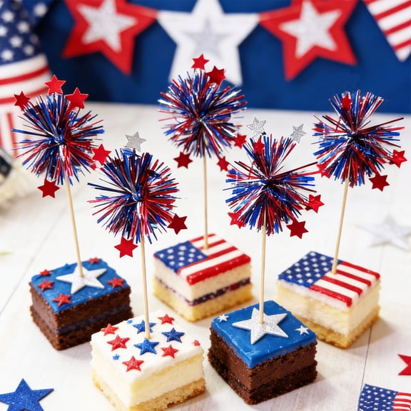 10Pcs Independence Day Dessert Picks, Natural Bamboo Patriotic Cake Toppers, Cocktail Fruit Sandwich Burger Picks for 4th of July Holiday Party Festive Decoration