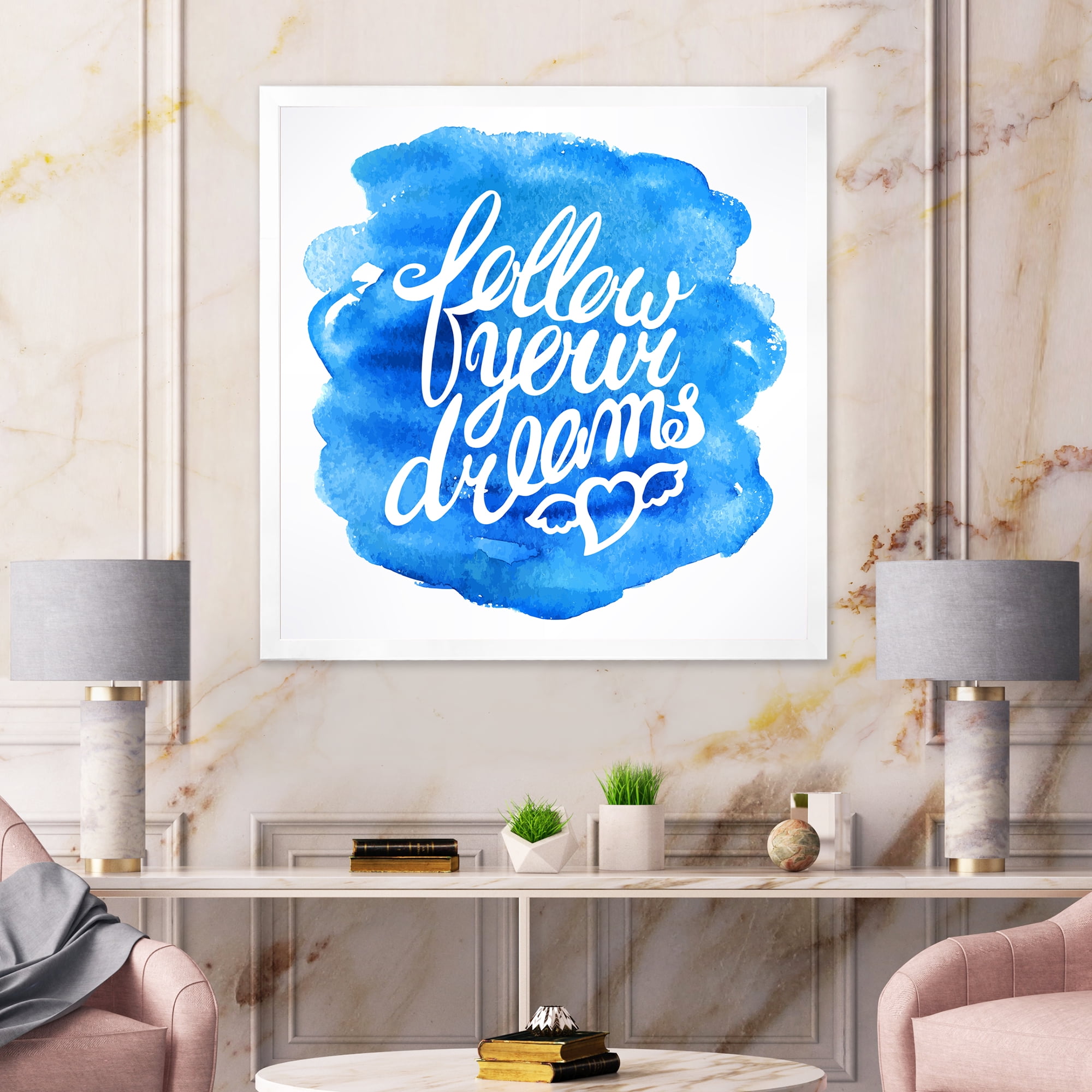 Designart 'Follow Your Dreams On Blue I' Modern Framed Art Print