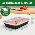 thumbnail image 2 of 50 Pack (100-Piece) 32 oz Meal Prep Containers Reusable with Easy Open Lids, Sturdy Leakproof Food Safe, Microwave Freezer Dishwasher Safe, To Go Take Out Plastic Food Storage Pans with Lids, Black, 2 of 7