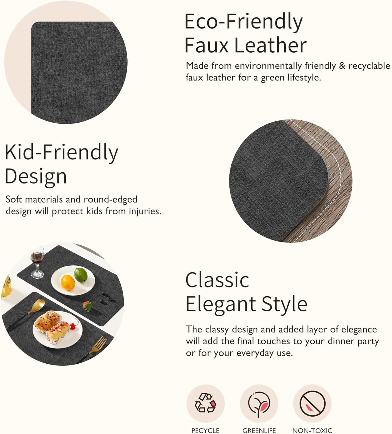 Lifestance Faux Leather Placemats Set of 6, Waterproof Heat Resistant Non Slip Dining Table Mats, 17x12 inch Rectangle Black, Indoor Outdoor Use