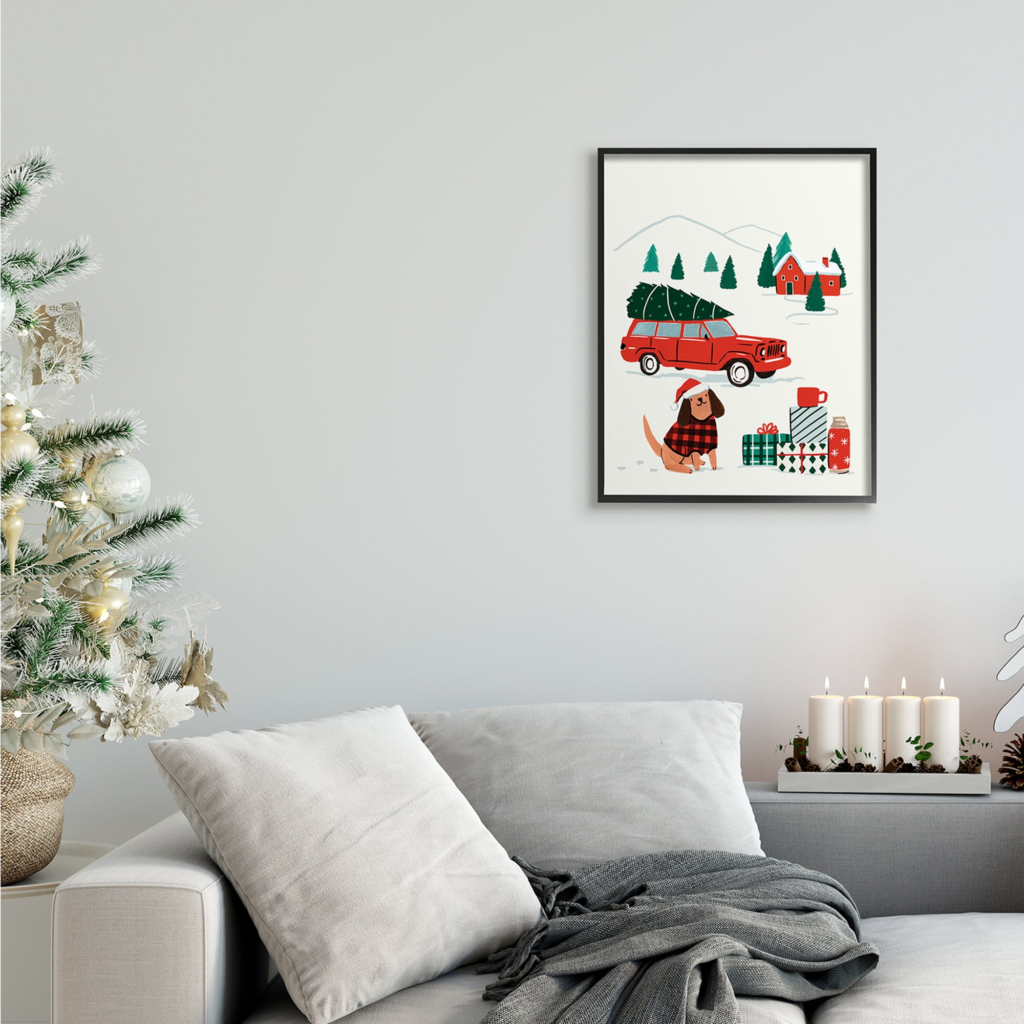 Stupell Industries Vintage Red Car Christmas Festive Santa Dog Holiday Painting Black Framed Art Print Wall Art, 16 x 20