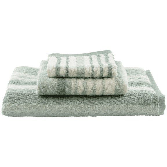 Smart Home Striped Jacquard Green and White Three Piece Bath Towel Set
