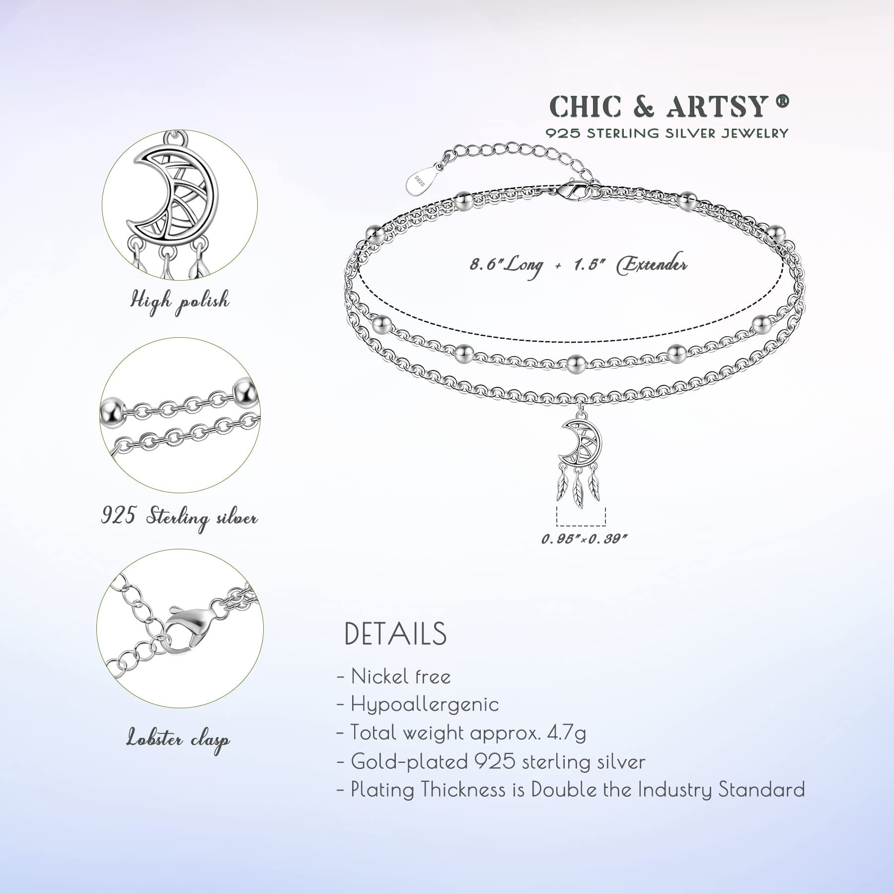 CHIC & ARTSY 925 Sterling Silver Dream Catcher Anklets Dainty Moon Layered Anklet Bracelets Boho Beach Adjustable Anklets
