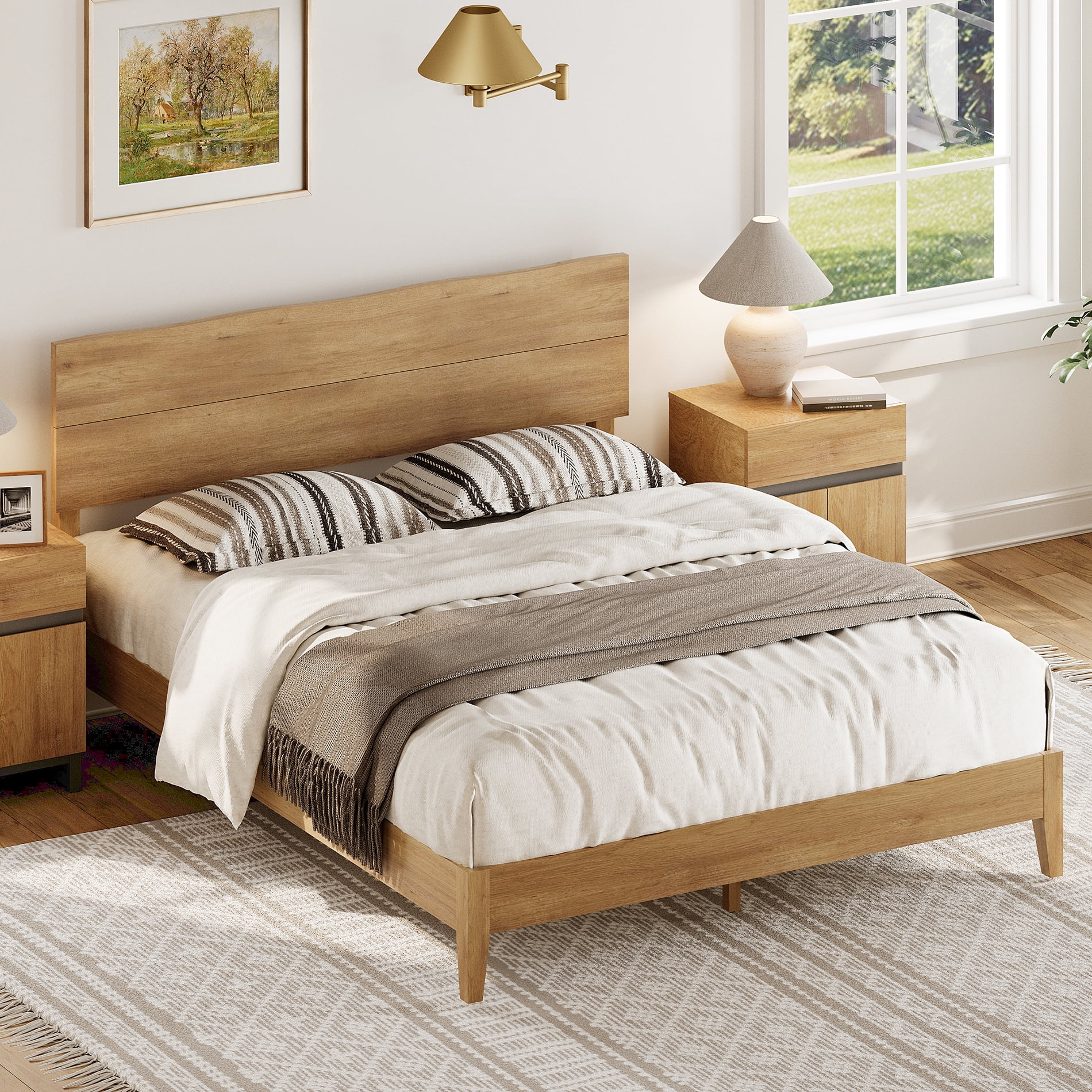 Queen Bed Frame with Wave Headboard, Solid Wood Legs,Oak