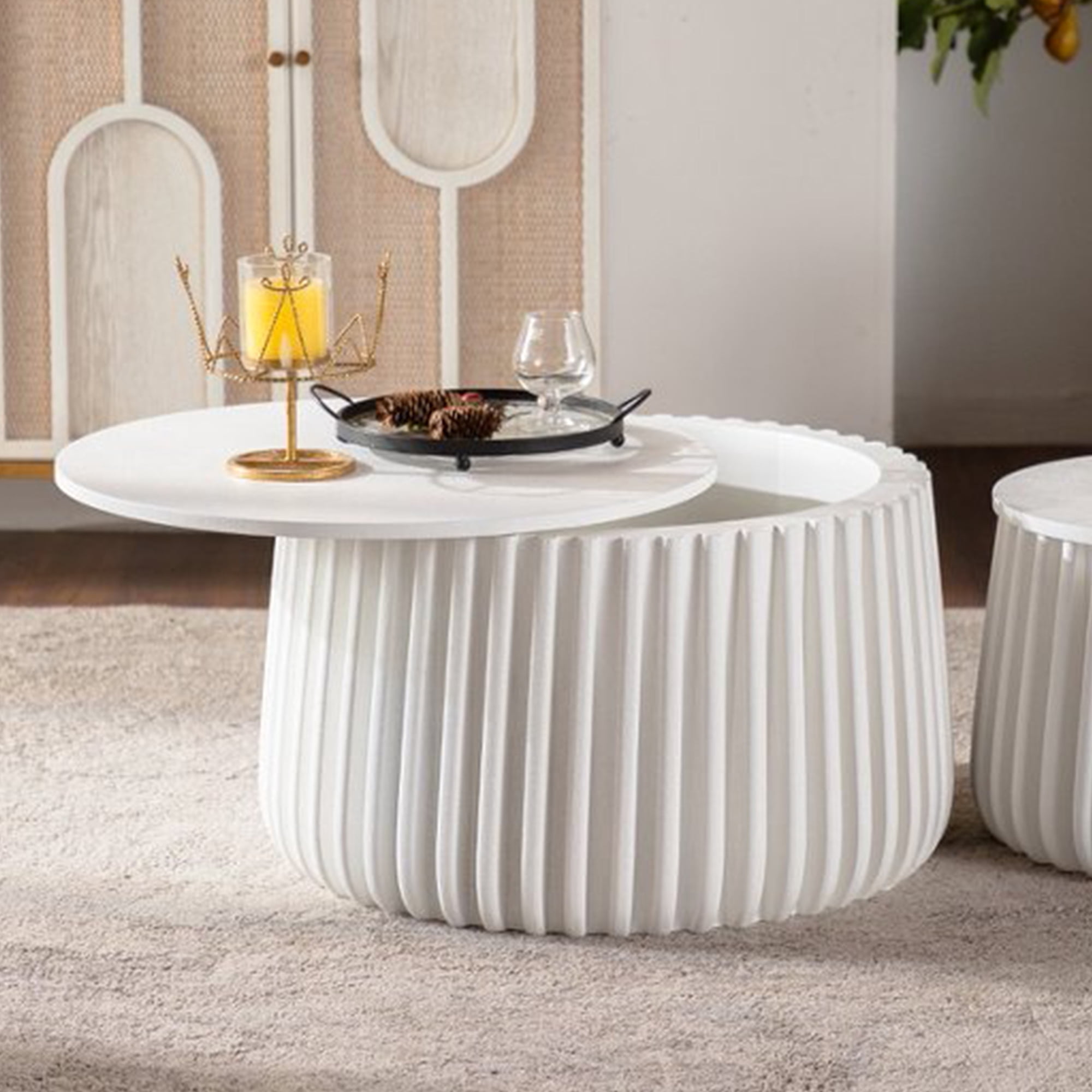 Leumius White Round Storage Table Set with Lift-Off Lid, Nesting Design, Elegant Curved-Edge Shape for Living Room Apartment