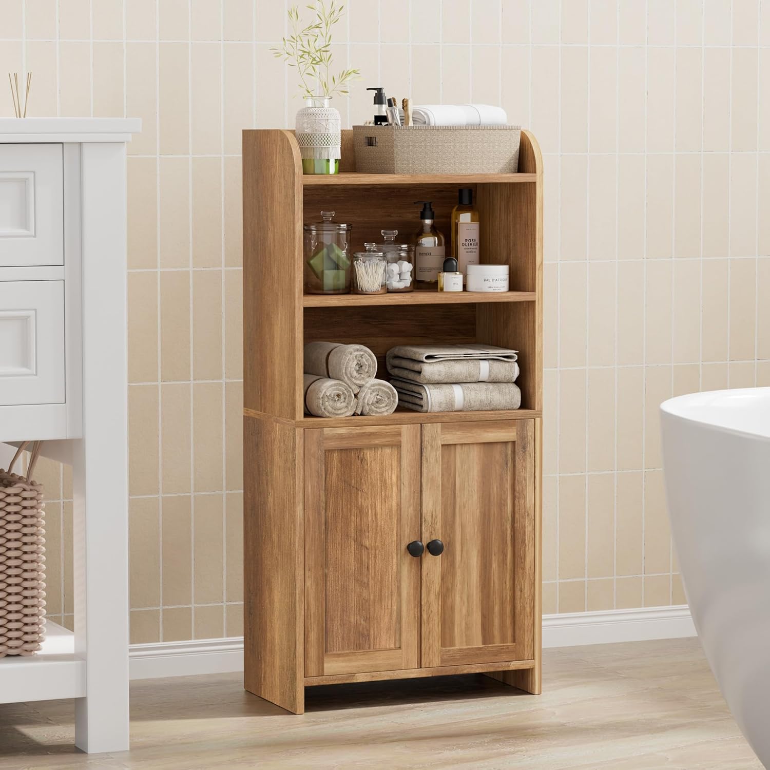 Small Bathroom Storage Cabinet, Freestanding Toilet Paper Storage with 2 Doors and Shelves, Bathroom Organizers and Storage for Small Spaces, 7.9" D x 14.6" W x 31" H, Rustic Walnut