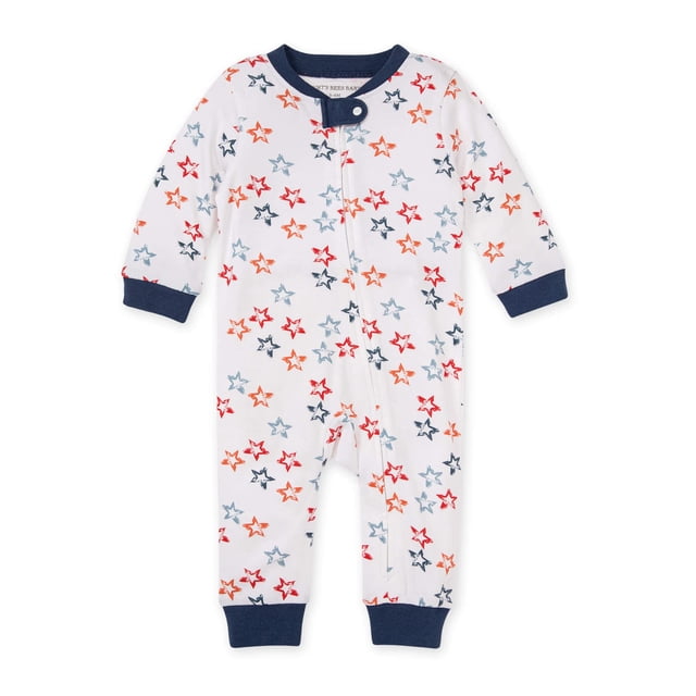 Burt's Bees - Pijama para dormir y jugar, 100% algodón orgánico, mameluco de una pieza con cierre frontal, manga corta patriótica, 0-3 meses, Manga corta patri&oac