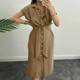 thumbnail image 2 of pstuiky Womens Dresses, Women Short-Sleeved Lapel Dress Solid Color Lace-Up Dress Button up Shirt Dress Leisure Brown S, 2 of 5
