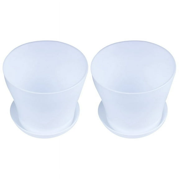 2X Plastic Plant Flower Pot Planter With Saucer Tray Round Gloss Home Garden Decor, White Upper Caliber -, 14cm