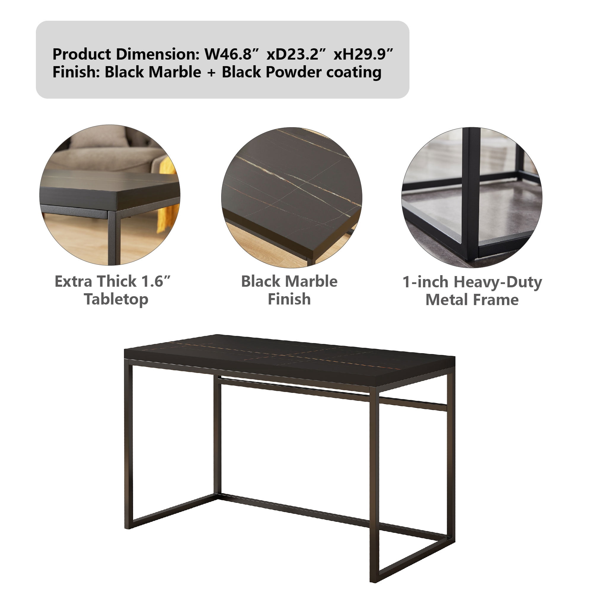 Censi Black Marble Writing Computer Desk, 47 Inch Home Office Desk, Wood and Metal, Modern Industrial Style (Black Marble)
