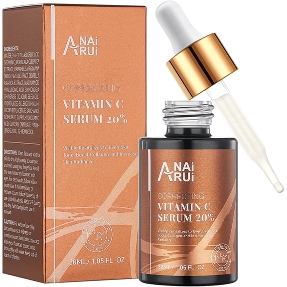 ANAiRUi Vitamin C Serum 20%, with Hyaluronic Acid, Vitamin E, Reduce Fine Lines, Wrinkles,Dark Spots, Uneven Skin Tone 1.05fl oz
