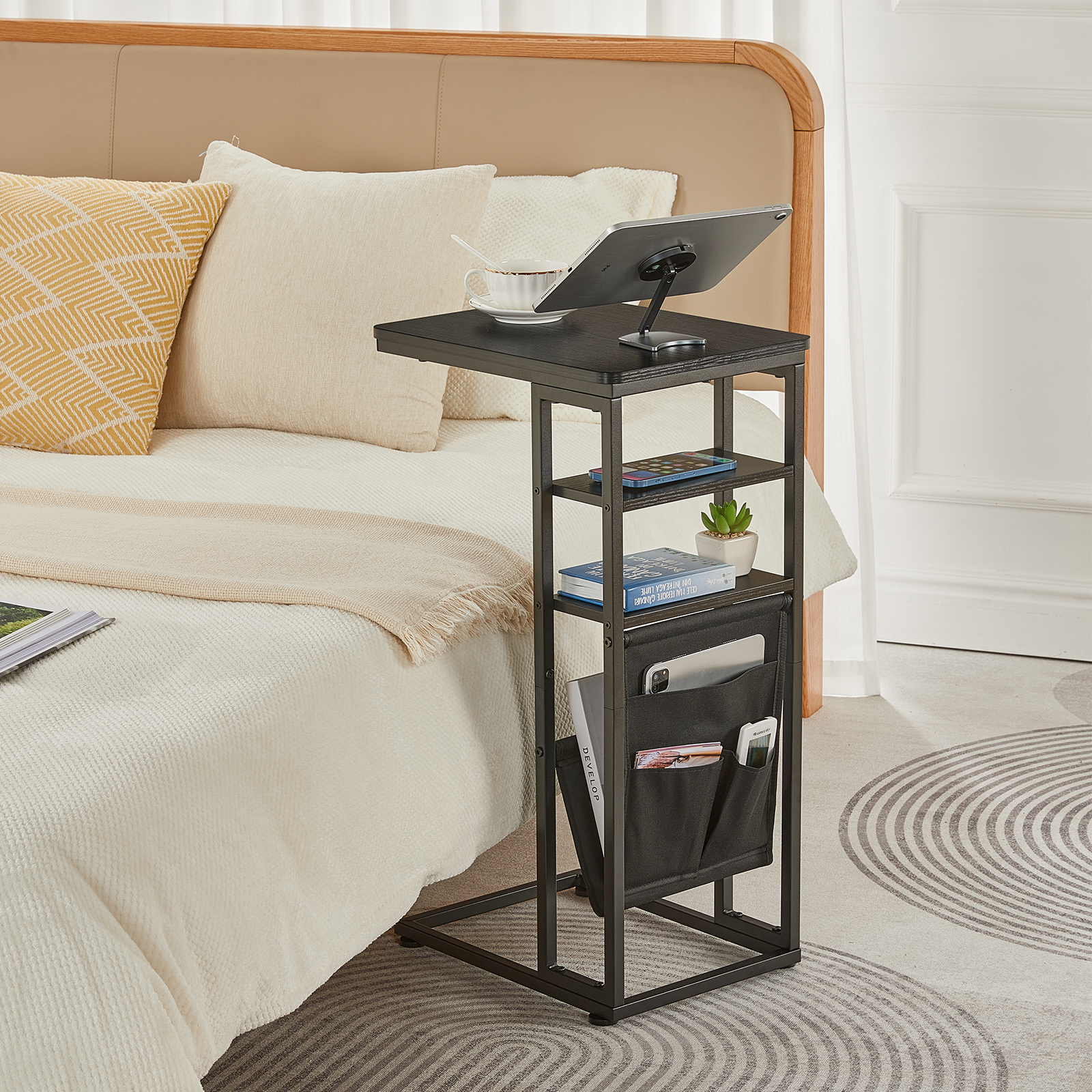 ZEXVIDA C Shaped Side Table, 3 Tier Sofa End Tables with Storage Bag, Sturdy Slide Under Sofa Slim Side Tables with Metal Frame for Small Spaces, Living Room, Bedroom, Industrial (Black)