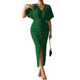thumbnail image 2 of Vestido de Cóctel para Mujer, con Efecto Metalizado, Cruzado, Color Liso, Escote en V, Plisado, Abertura Alta, Corta, Midi, Verde, Talla M, 2 of 9