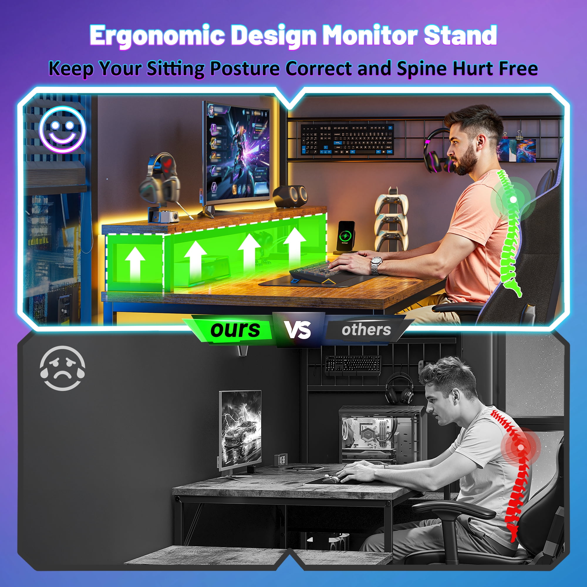 Romorgniz 63.5"W L Shaped Computer Desk with LED Lights & Power Outlets, Gaming Desk with Monitor Stand, Printer Stand & Storage Shelves for Home Office, Rustic Brown