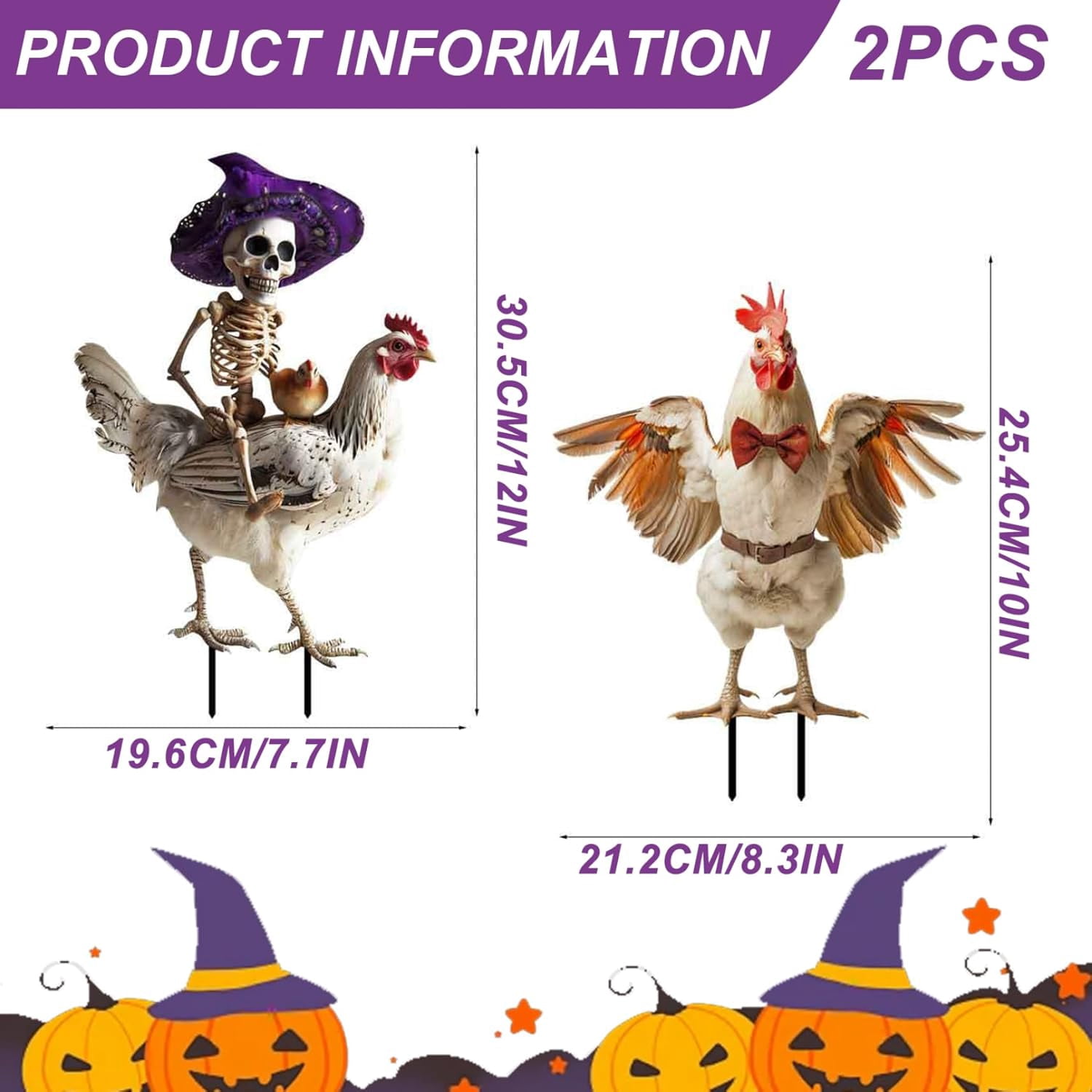 2-Piece Metal Chicken Skeleton Halloween Decor – 2D Rooster Yard Art with Stakes, Realistic Farm Animal Ornament for Outdoor Garden, Lawn, and Yard Display