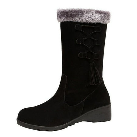 

Womens Mid Calf Fuzzy Fleece Winer Snow Boots Waterproof Non-slip Warm Lined Fashion Winter Casual Suede Booties