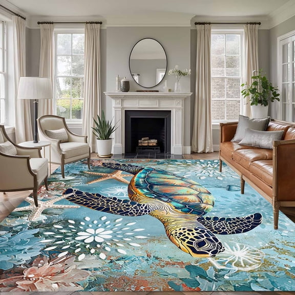 8'x10' Area Rugs, Coastal Sea Turtle Indoor Outdoor Area Rug for Living Room Bedroom, Vintage Teal Nautical Beach Botanical Washable Bathroom Rugs Kitchen Floor Carpet Mats Home Decor Aesthetic