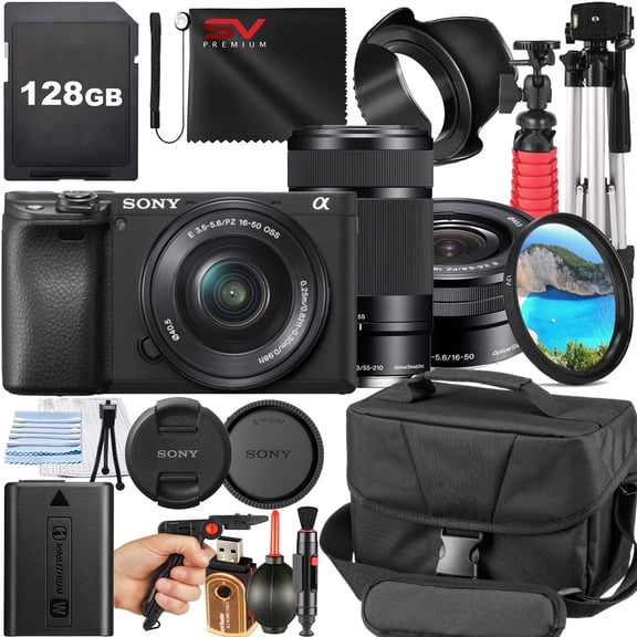 Sony A6400 Mirrorless Camera with 55-210mm Lens 16-50mm Lens 128GB Memory Card Pistol Grip Tripod SV Premium Accessory Bundle (International Model)