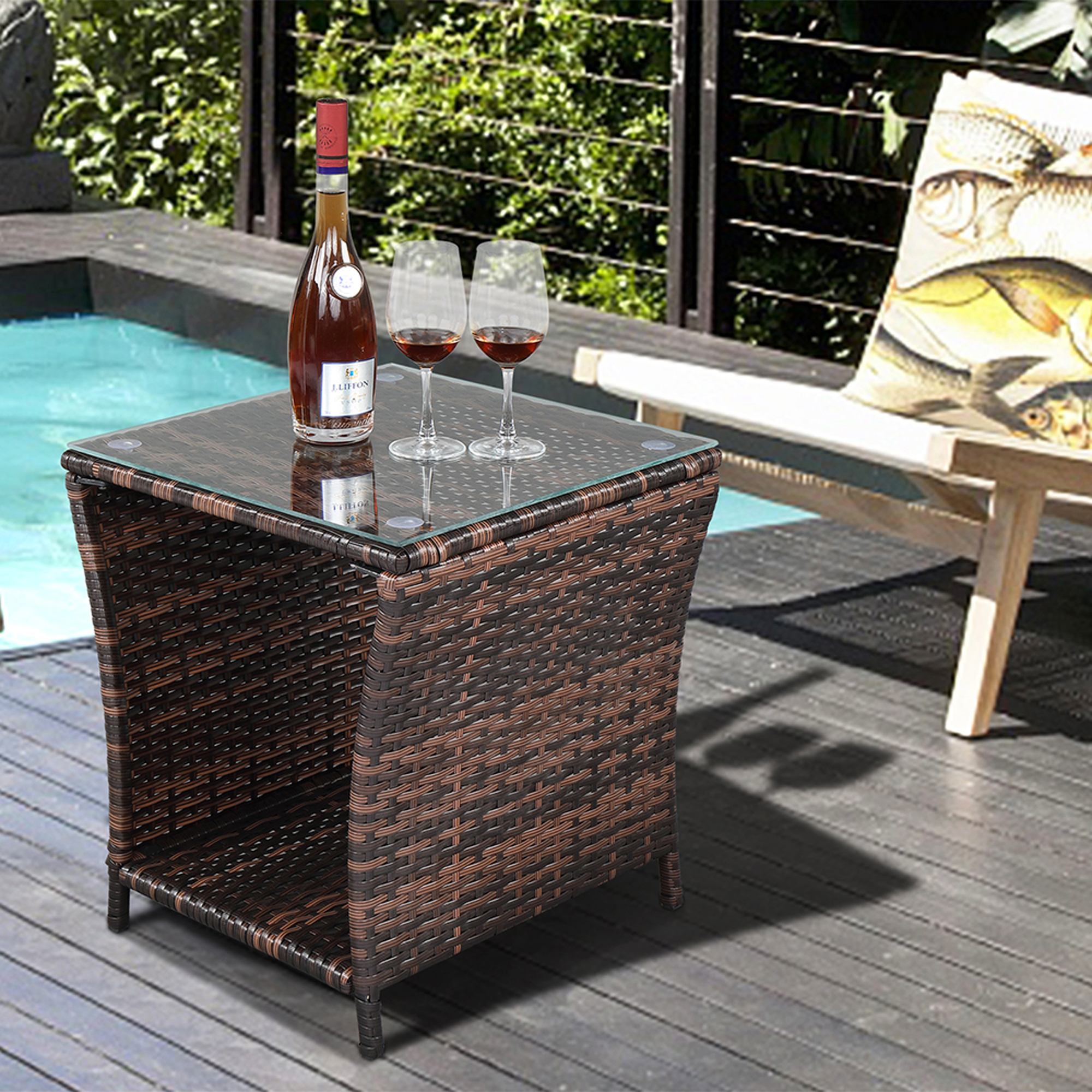 Patio Side Table, Outdoor PE Wicker Side Table with Tempered Glass