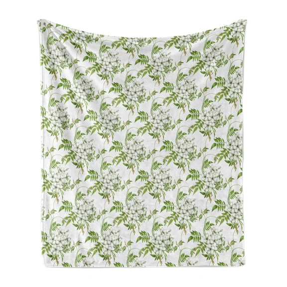 Jasmine Soft Flannel Fleece Throw Blanket, Nostalgic Floral Pattern with Flourishing Flowers on Branches, Cozy Plush for Indoor and Outdoor Use, 50" x 70", Lime Green Off White, by Ambesonne