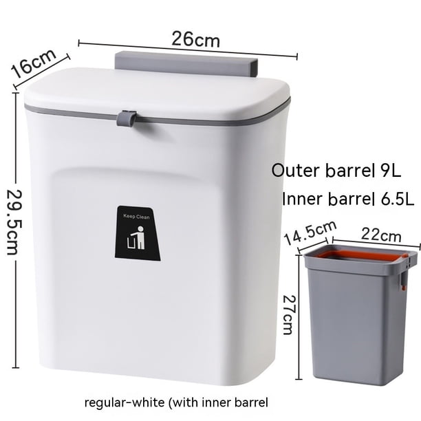 Contenedor de abono de cocina para encimera o debajo del fregadero, bote de basura pequeño colgante con tapa para cubo de abono montable en armario, blanco