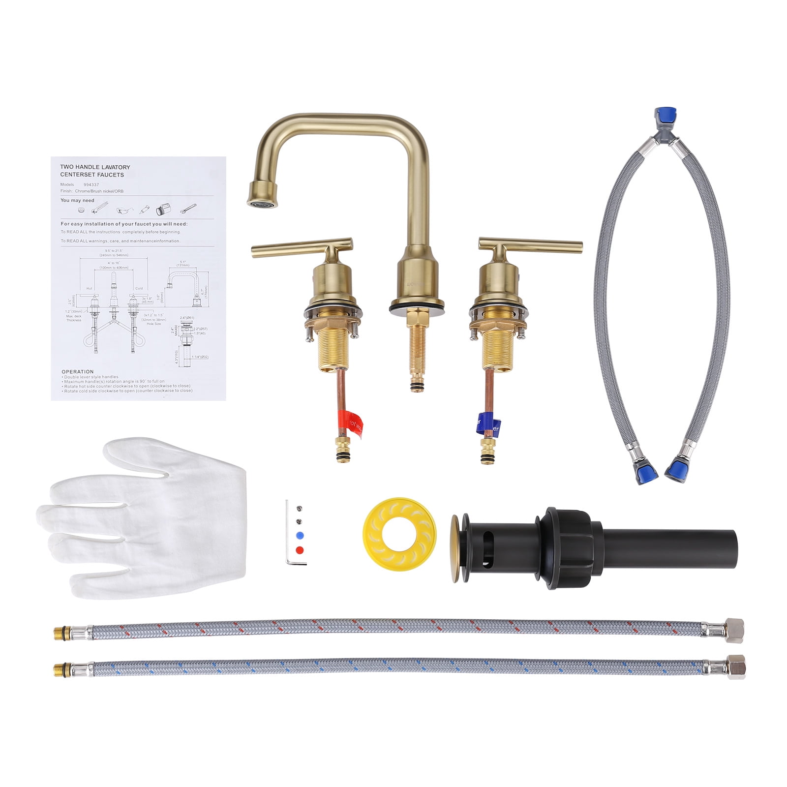 WOWOW Brushed Gold Bathroom Faucet Widespread 2 Handle Bathroom Sink Faucet