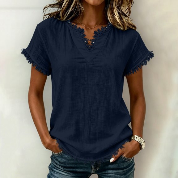 SSZMDLB Women V Neck T-Shirts Short Sleeve Solid Casual Basic Tee Beach Summer Tops Fashion Scoop Neck Comfy Vacation Outfits Workout Clothes, Navy 2XL