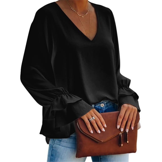 Blusa De Manga Larga, Camisa Con Cuello En V Manga Con Volantes Color Puro Elegante Para Actividades Al Aire Libre Para El Trabajo De La Vida Diaria ANGGREK Otros