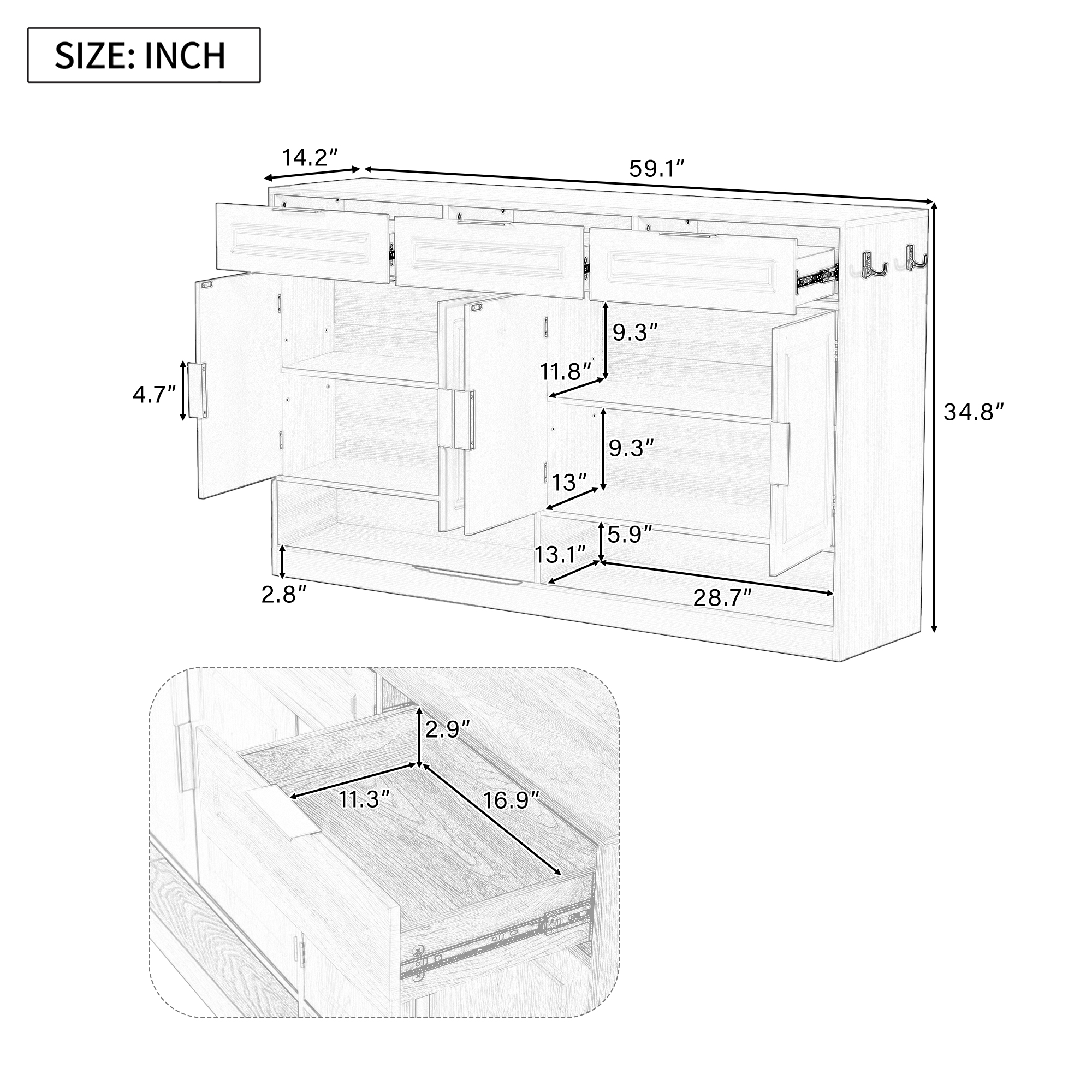 Aukfa 59.1" Sideboard Buffet Cabinet,Large Storage Cabinet with 3 Drawers & Adjustable Shelf,Natural
