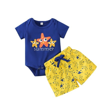 

Woobling Toddler Summer Outfits Starfish Print 2Pcs Outfit Suit Casual Tops + Shorts Infant Loose Home Jumpsuit Dark Blue 80cm