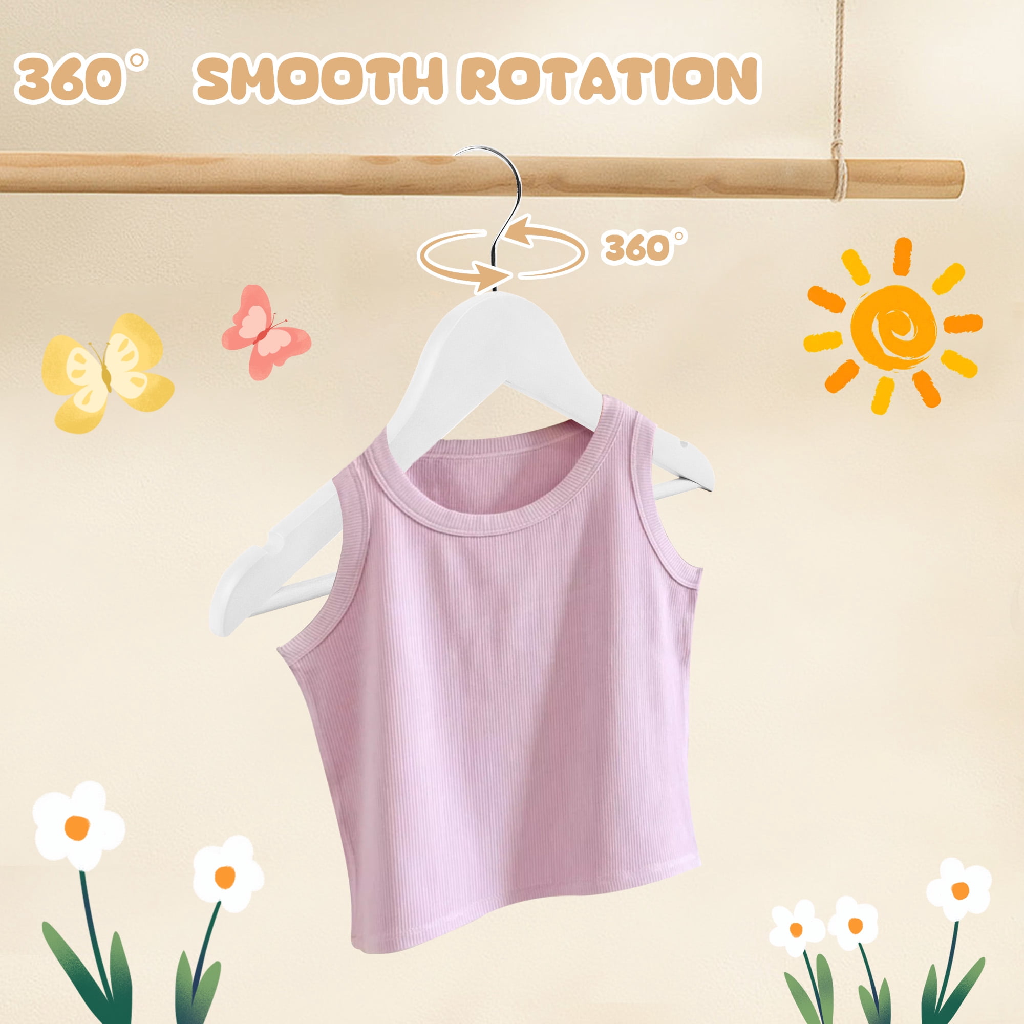 BP4U 24-Pack Kids Wooden Hangers with Pants Bar, Ultra-Slim Baby Solid Wood Clothes Hangers with 360° Swivel Hook for Toddler & Youth Coats/Dresses