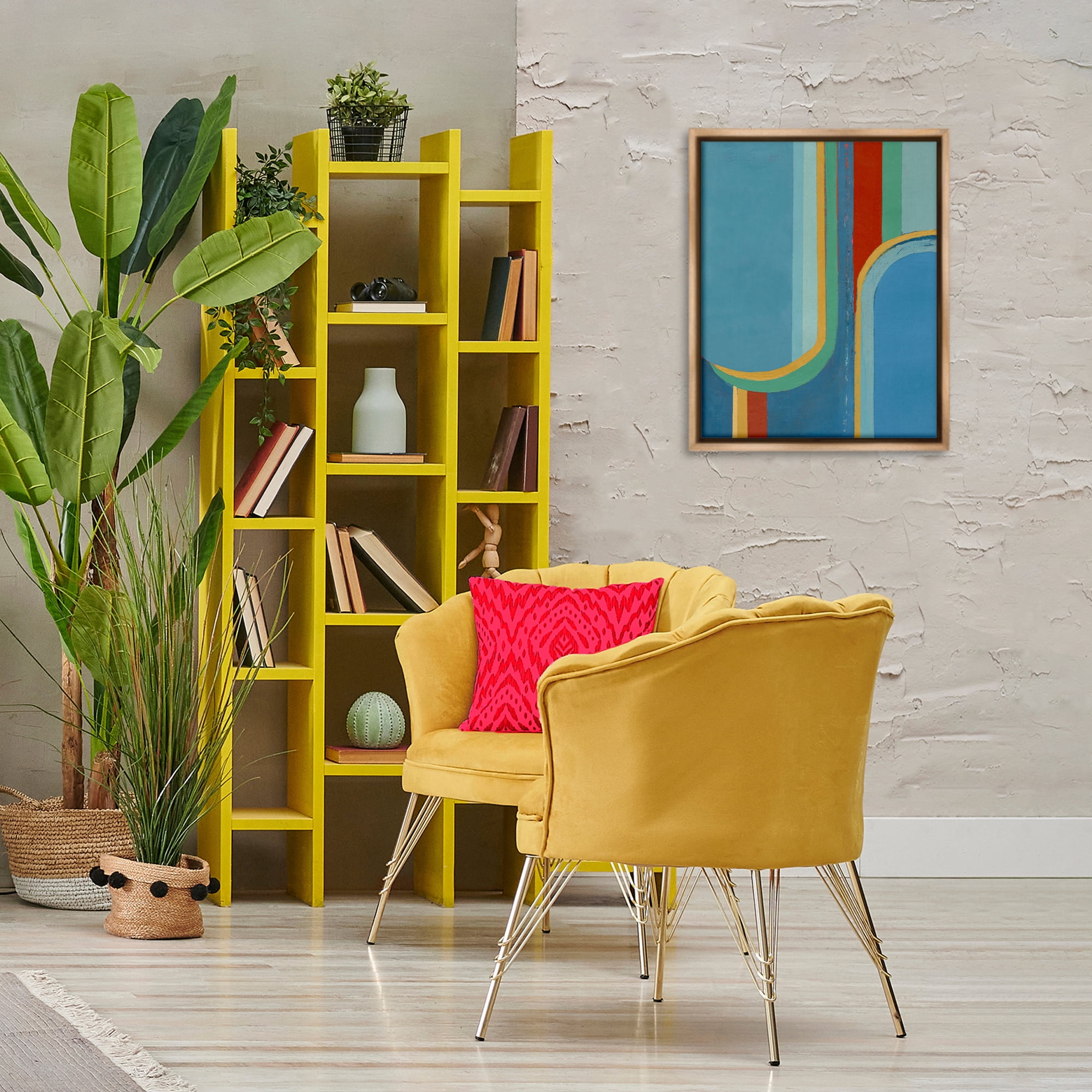 Stupell Industries Blue & Red Arches Abstract Painting Brown Floater Framed Canvas Art Print Wall Art, 17 x 21