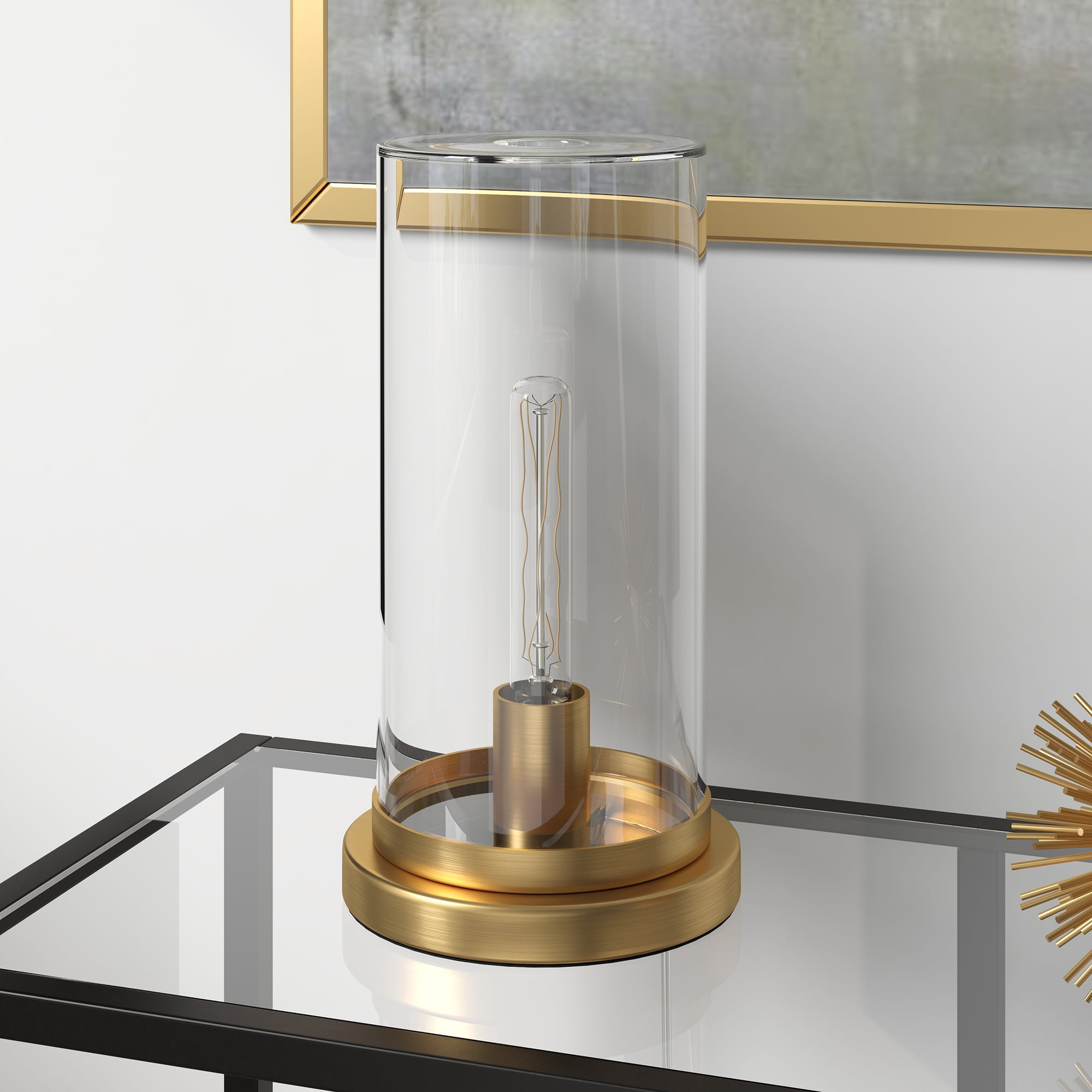 Evelyn&Zoe Perabo 13" Tall Uplight Mini Lamp with Glass Shade, Brushed Brass/Clear