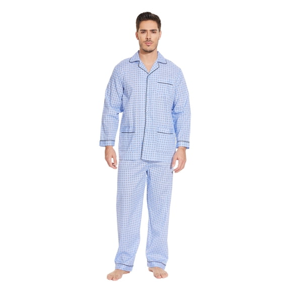 GLOBAL Mens 100% Cotton Long Sleeve Pajama Set, Breathable Lightweight Button Down Nightwear with Pants, S-3XL