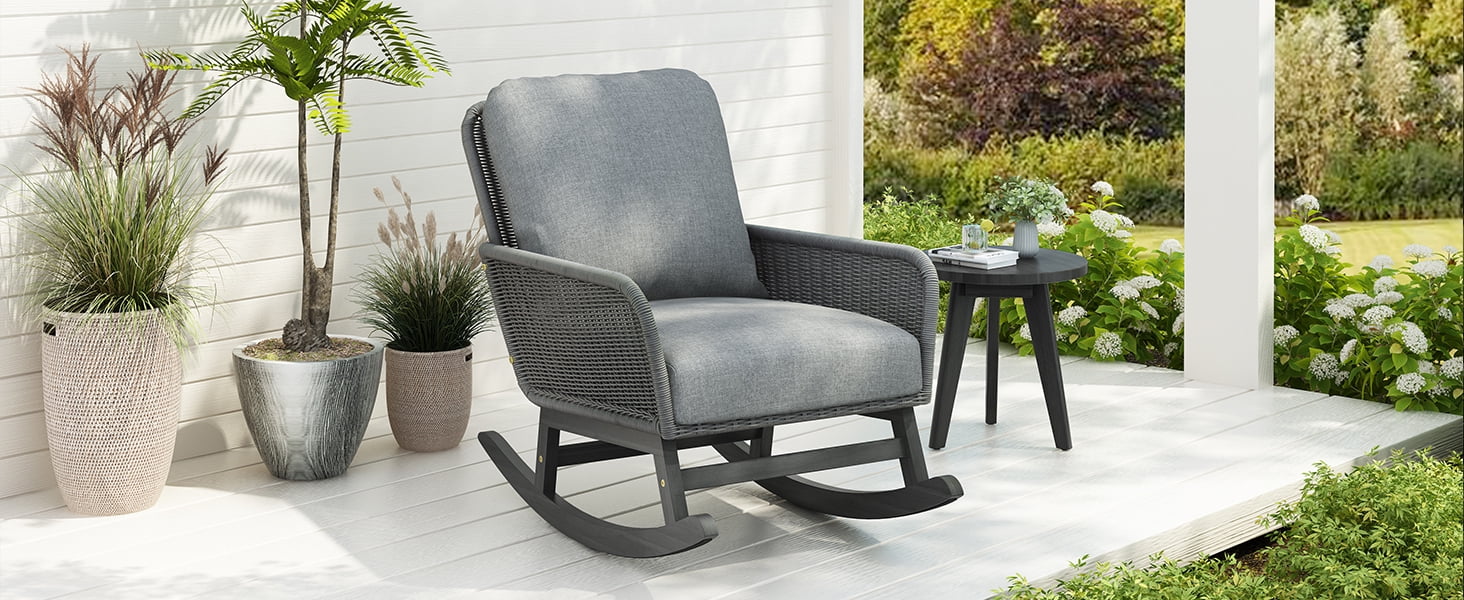Euroco Modern Wicker Rocking Chair with Cushions, PE Rattan Patio Rocker with Wooden Frame for Indoor & Outdoor Use