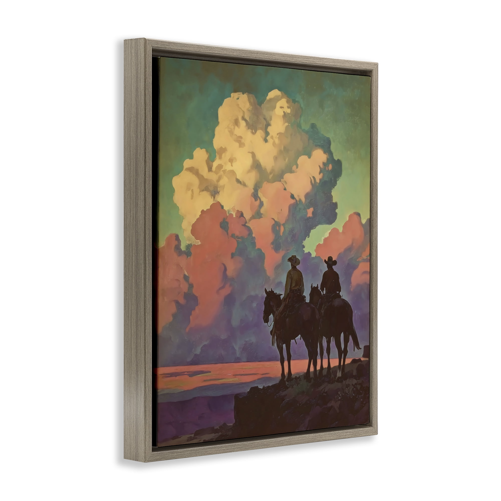 Stupell Industries Cowboys Silhouetted Against Clouds Brown Framed Floater Canvas Wall Art, design by Arlington Prints
