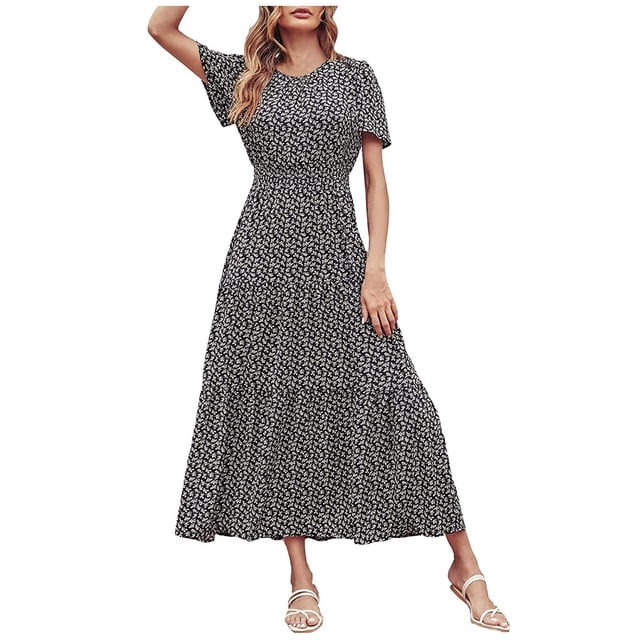 Vestido largo de manga corta con cuello redondo y estampado informal de verano para mujer a la moda Fridja qw2552