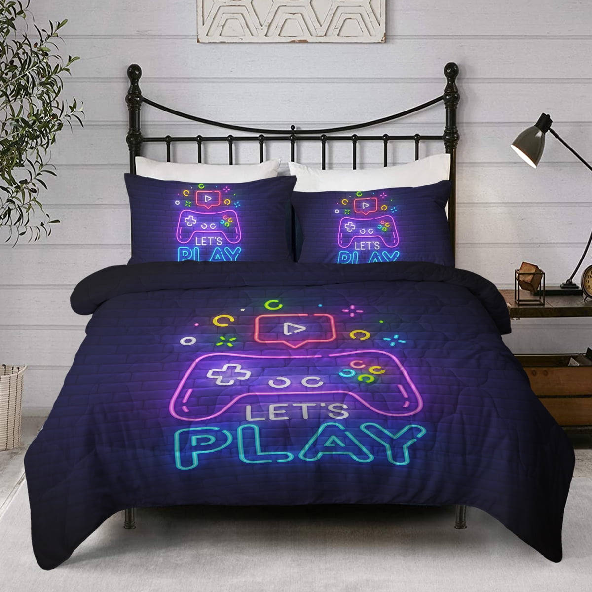 BlessLiving Geometry Video Game Comforter Sets，3Piece Microfiber Purple Twin Bedding, Gaming