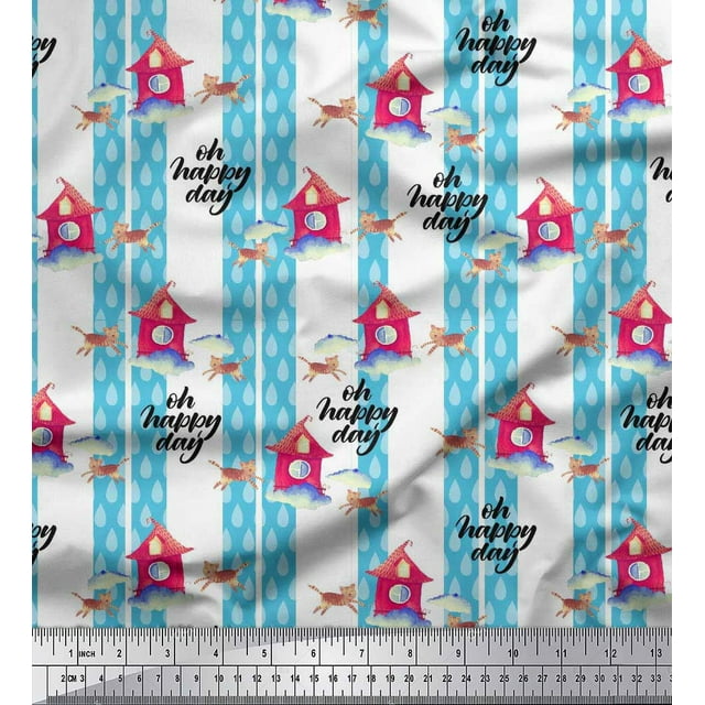 Soimoi Tissu Poly Georgette Rayé, Cabane & Chat Imprimé Animal 1 Yard 52 Pouces de Large
