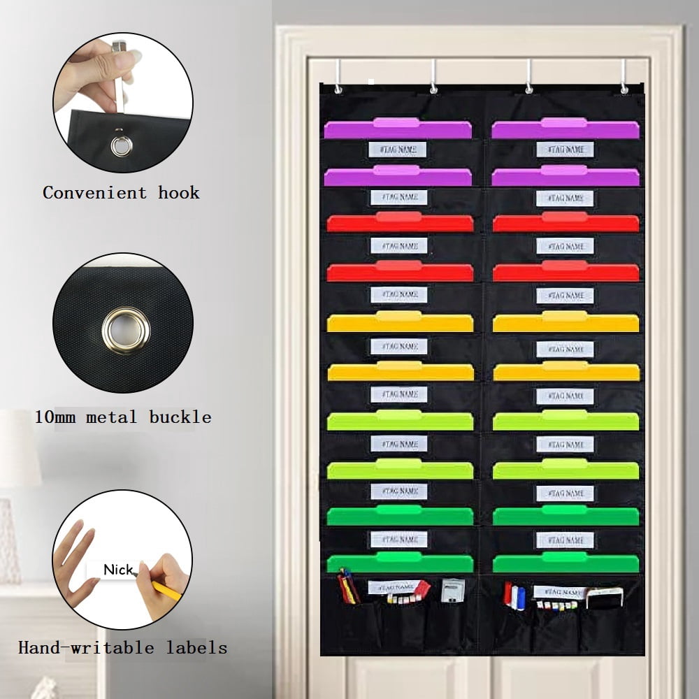 Bevtee Hanging File Holder Organizer, Wall Storage 20+6 Pocket Chart File Organizer, 20 Tags, 4 Hooks, for School, Classroom, Home or Office, Black