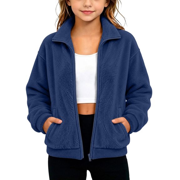 BXJX Girls Fleece Jackets Size 7-8, Casual Zip‑Up Stand Collar Long Sleeve Outerwear with Pockets Navy