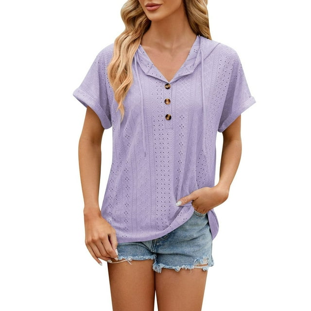 NINGMENG Womens Tops Solid Color Button V Neck Loose Short Sleeve Tops Pullover T Shirts Holiday Wear,Purple,M